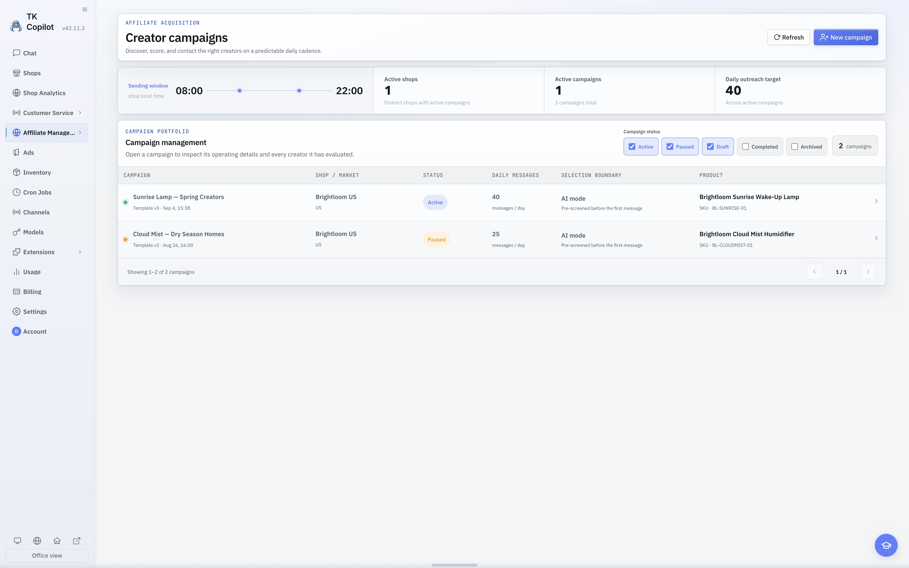 The English light-theme Campaign page, showing active Campaigns, daily targets, funnel progress, and replies.