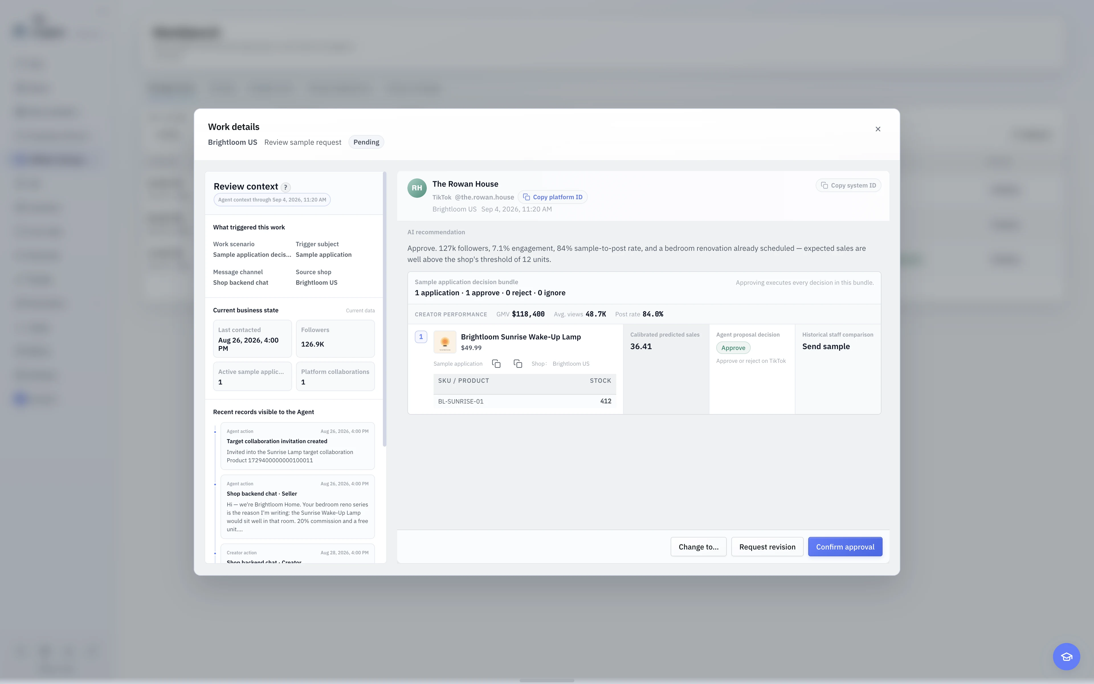 The English light-theme sample review. The AI recommendation and evidence are shown alongside controls for a person to approve, reject, or add conditions.