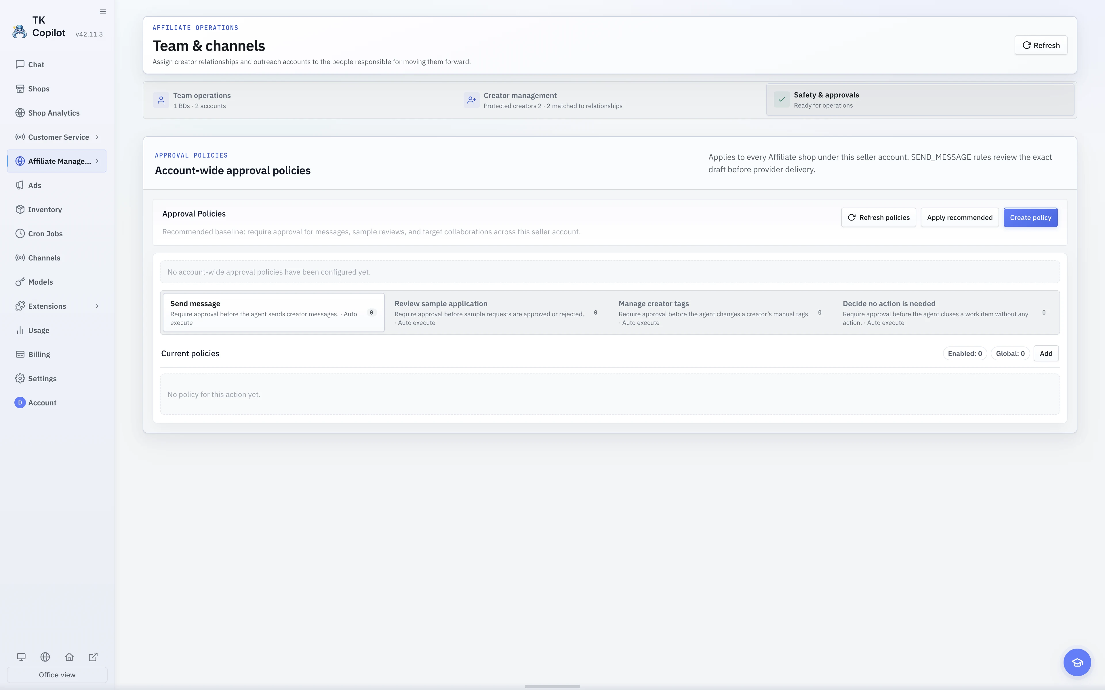 The English light-theme Affiliate Approval Policies page with account-level policies and the recommended-policy action.