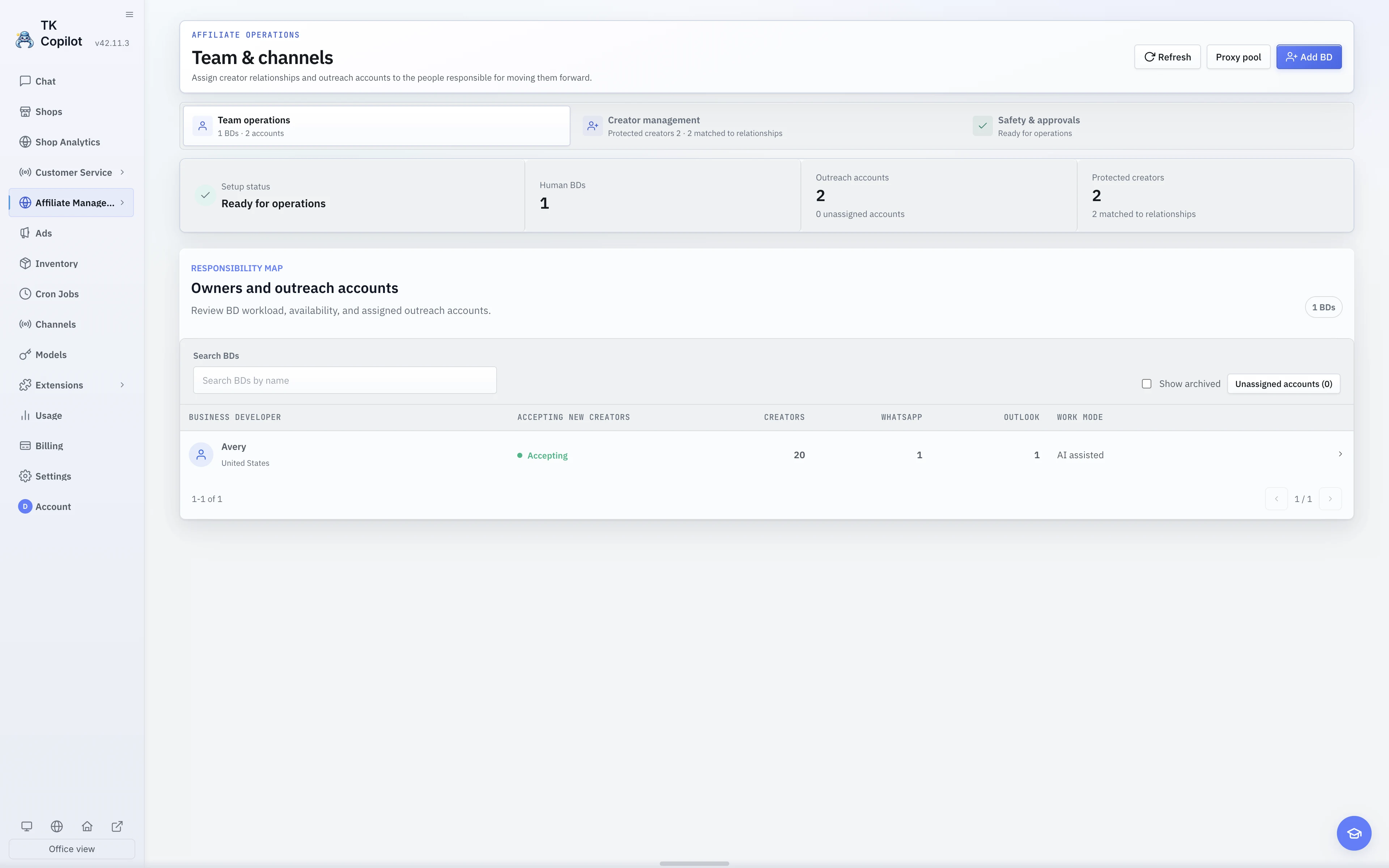 The English light-theme Affiliate Team page, showing responsible people and connected work accounts.